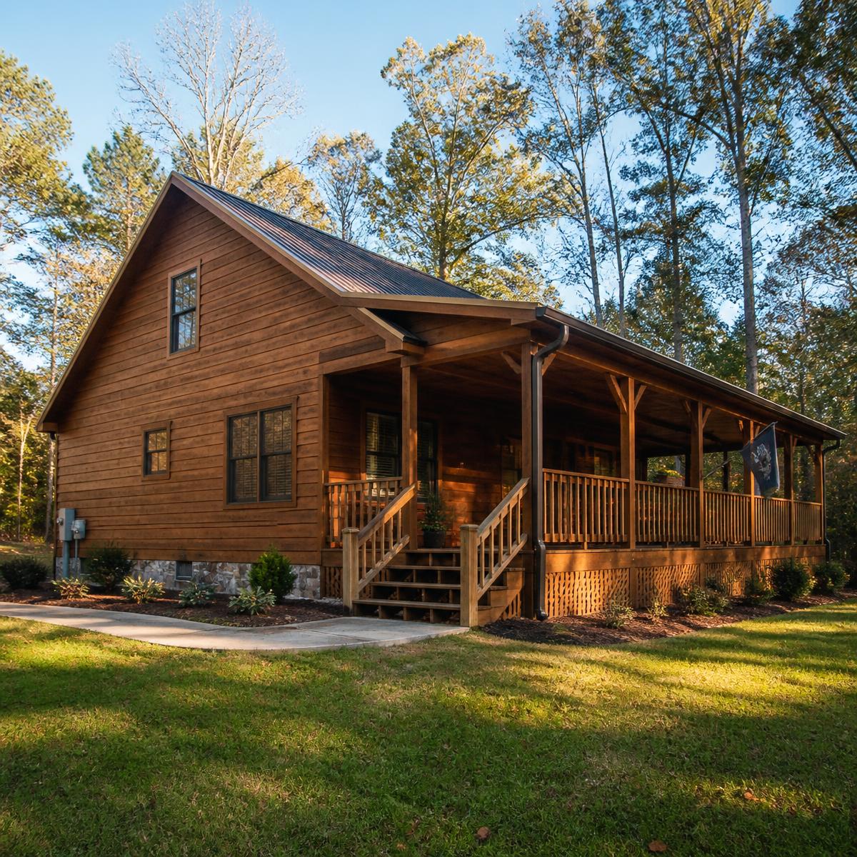 Wood cabin exterior with freshly stained siding and covered porch