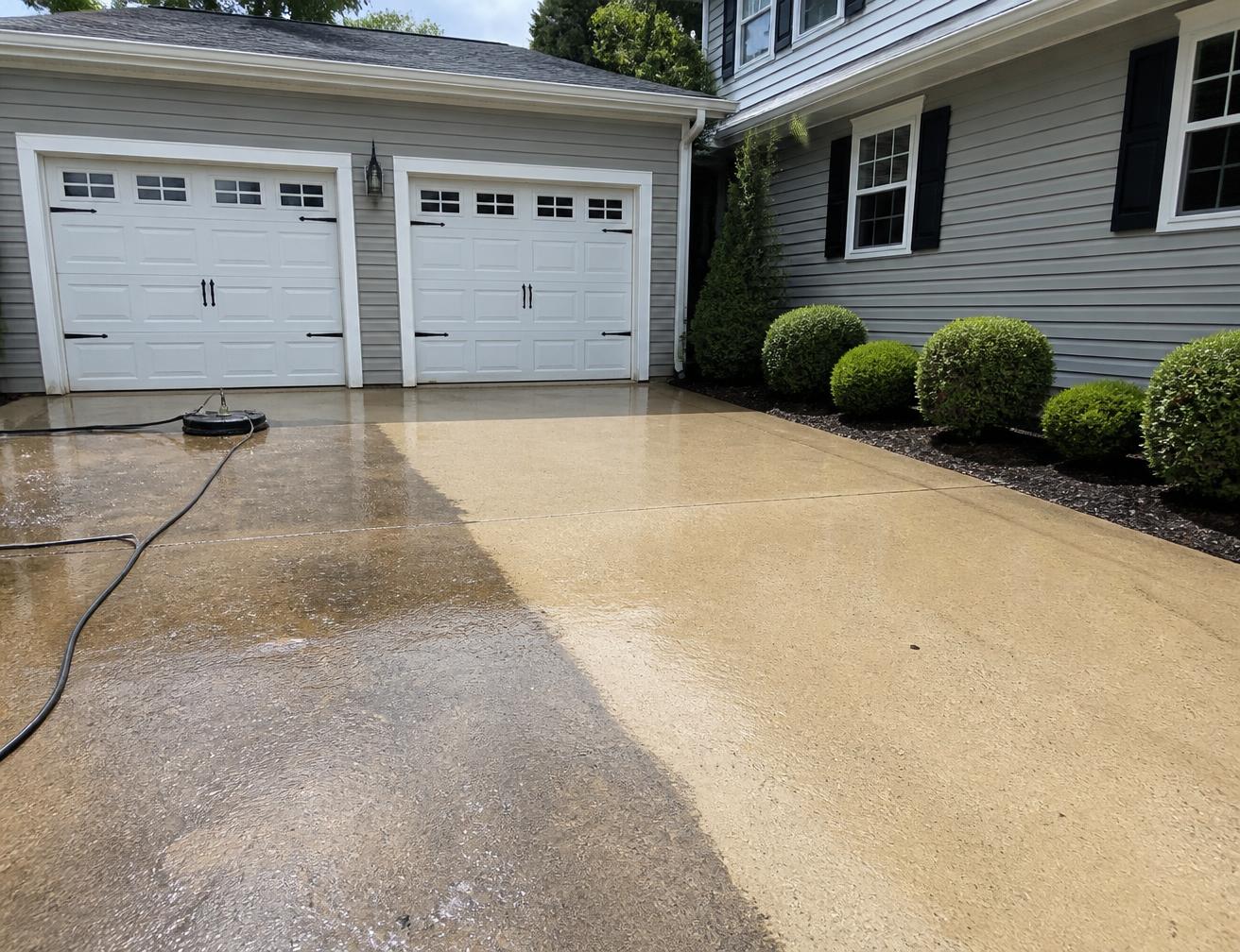 Concrete driveway being pressure washed beside a clean residential home exterior