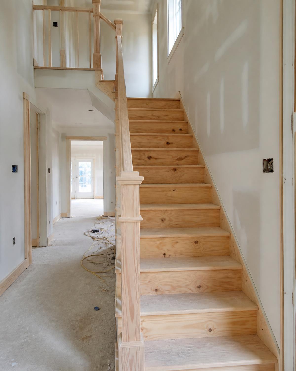Unfinished light wood staircase and railing before painting and staining